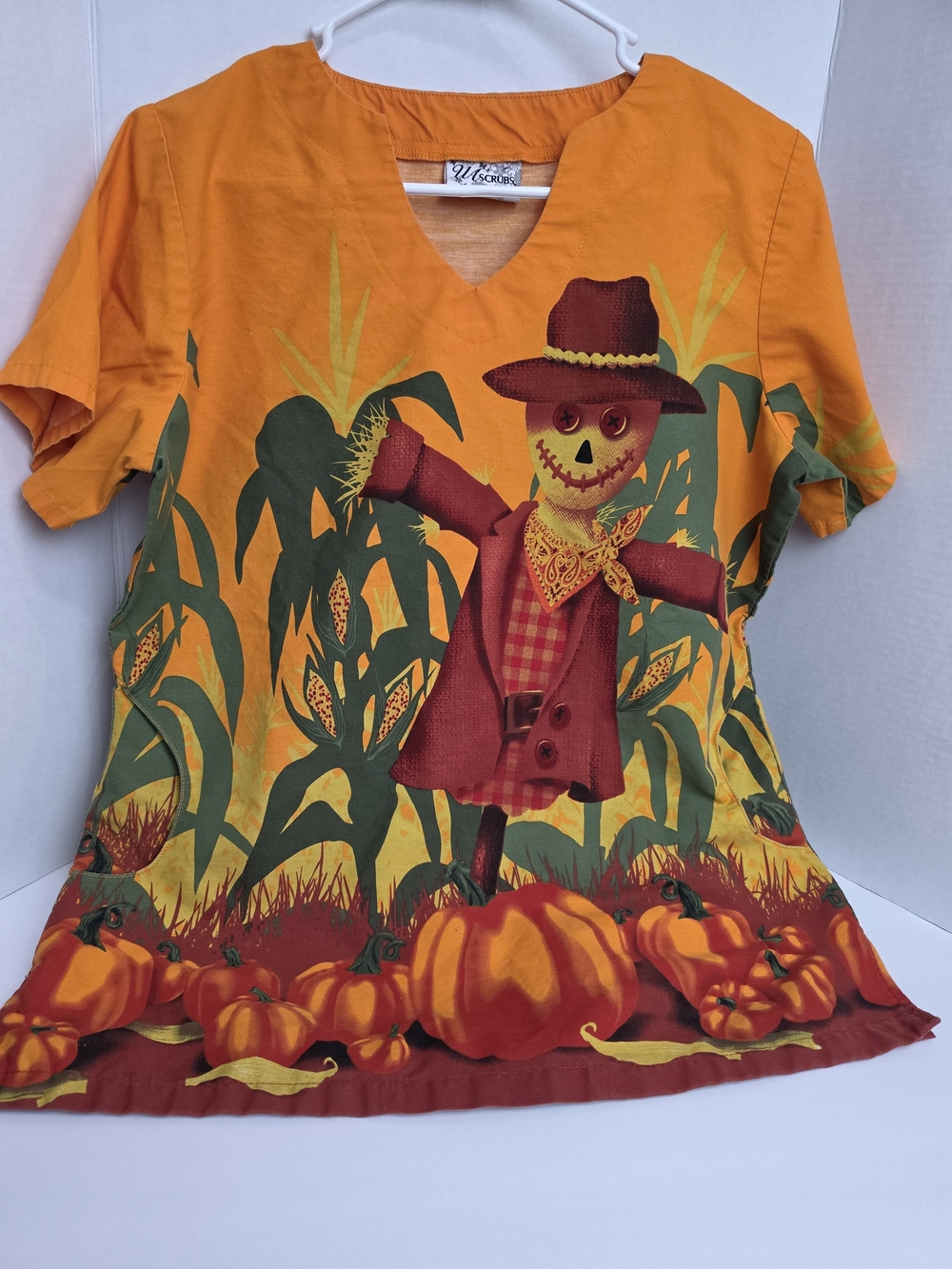 UA Scrubs Orange Scarecrow Pumpkin Print Short Sleeve Top